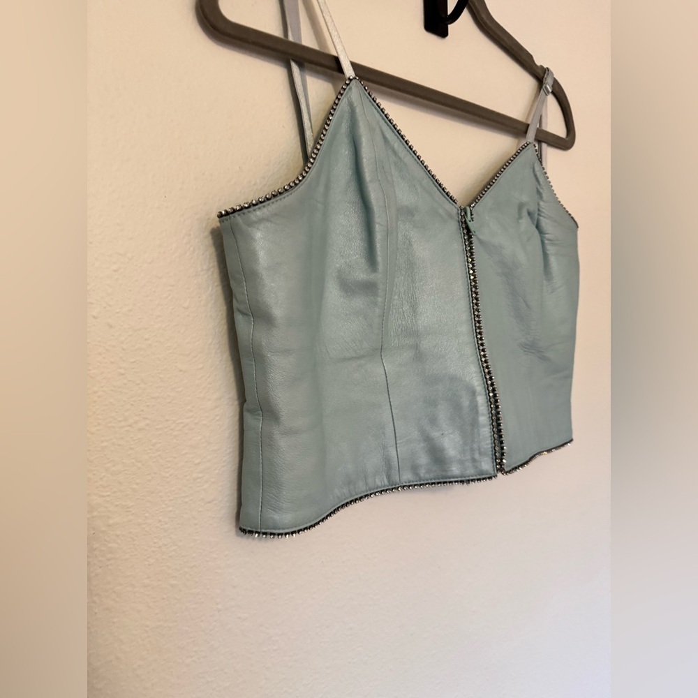 VTG Michael Hoban North Beach Leather Corset Top Crop Tank Blue Rhinestone 8 EUC - Picture 3 of 10
